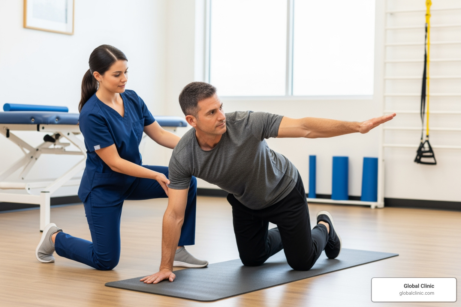 physical therapist guiding patient through a core exercise like a bird-dog - physical therapy back