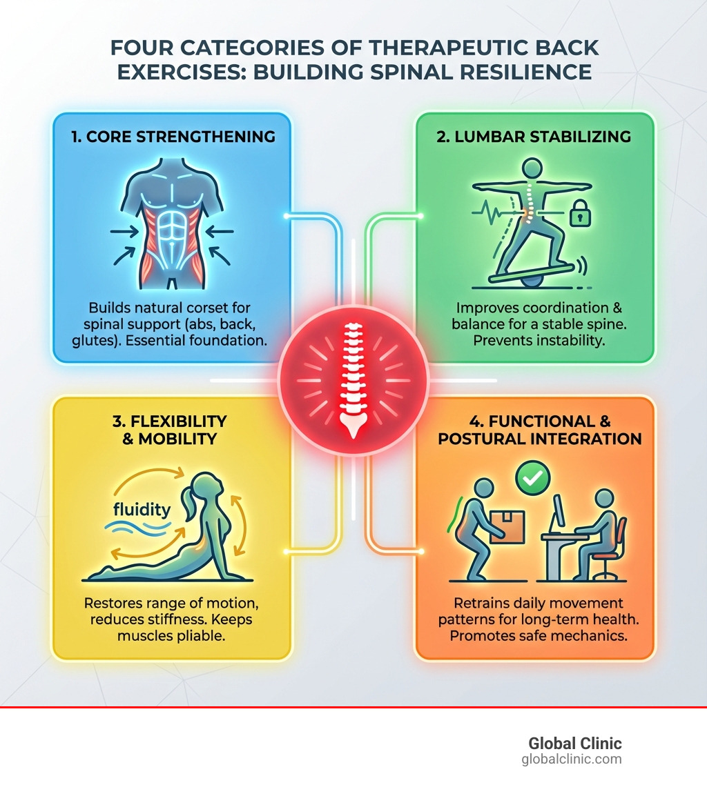 infographic illustrating the four main categories of back exercises - physical therapy back infographic 