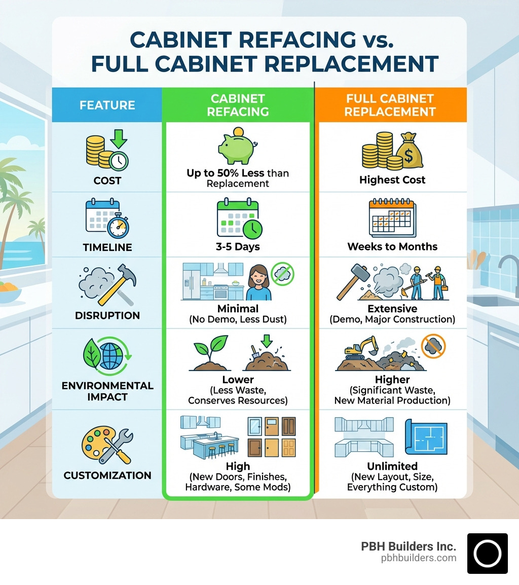 TABLE comparing Cabinet Refacing vs. Full Cabinet Replacement on Cost, Timeline, Disruption, Environmental Impact, and Customization - cabinet refacing san diego ca infographic 