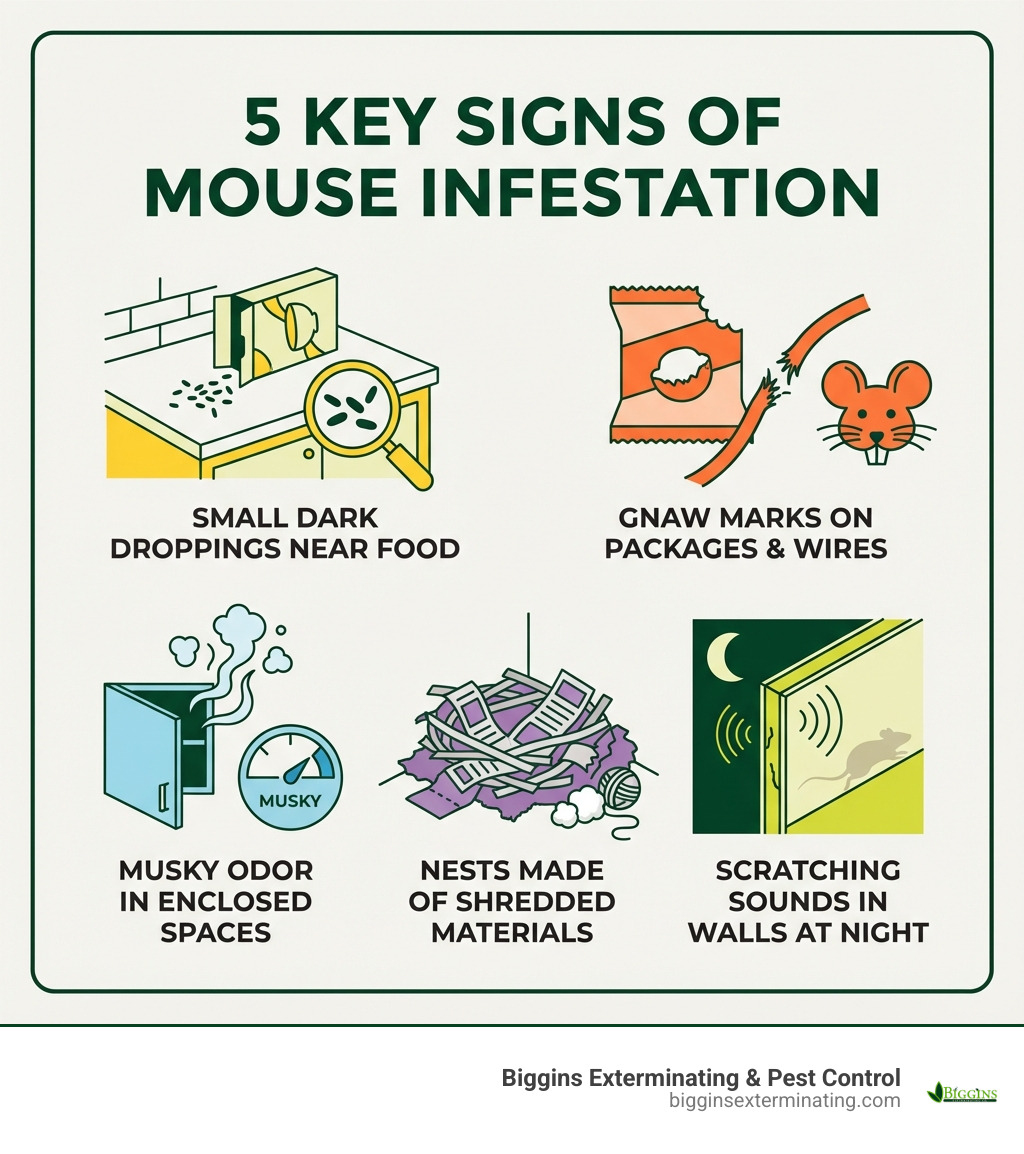 infographic showing five key signs of mouse infestation: small dark droppings near food sources, gnaw marks on packages and wires, musky odor in enclosed spaces, nests made of shredded paper or fabric, and scratching sounds in walls at night - pest control mice lexington ma infographic 