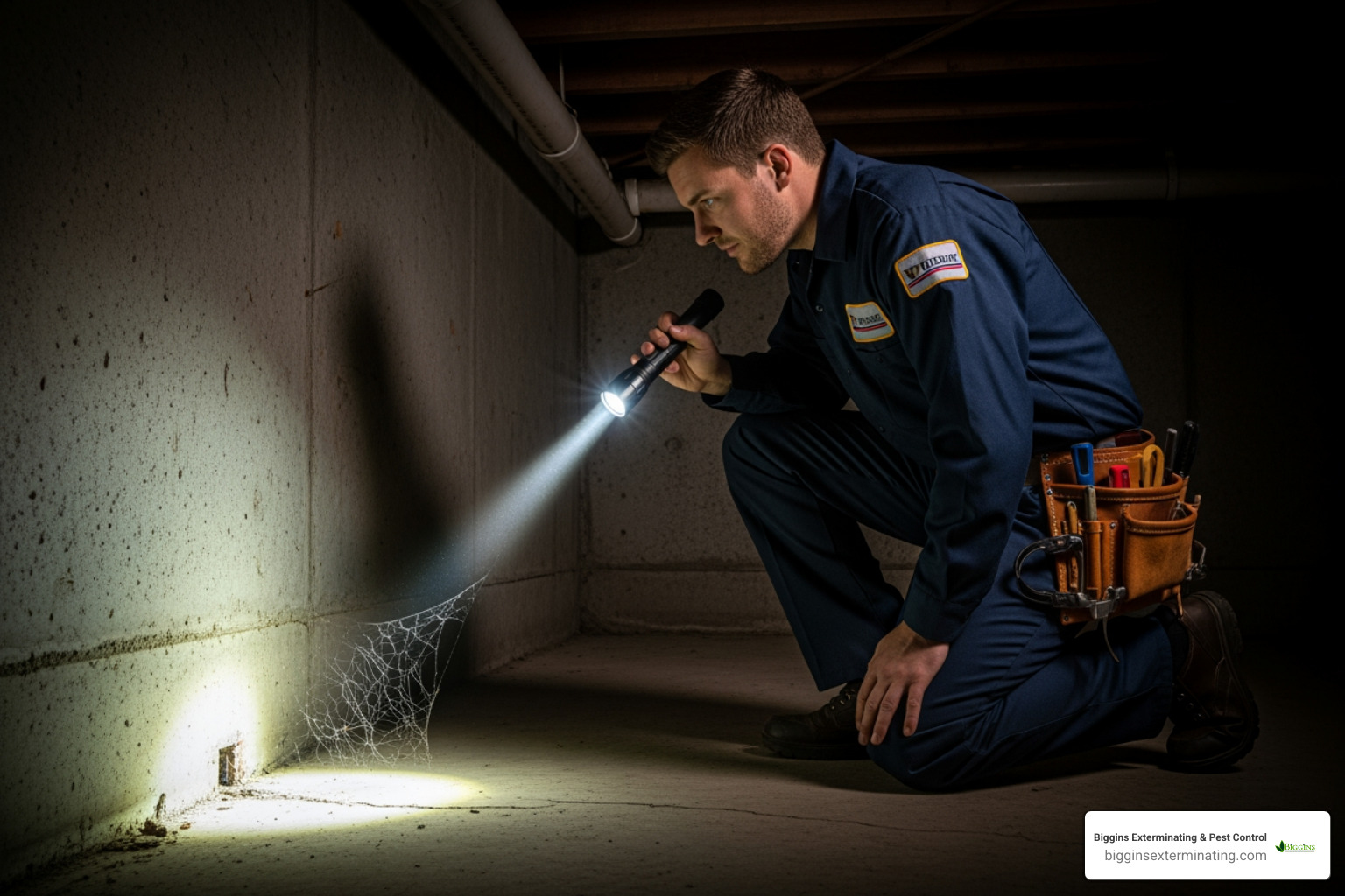 uniformed technician inspecting a basement for entry points - pest control mice lexington ma