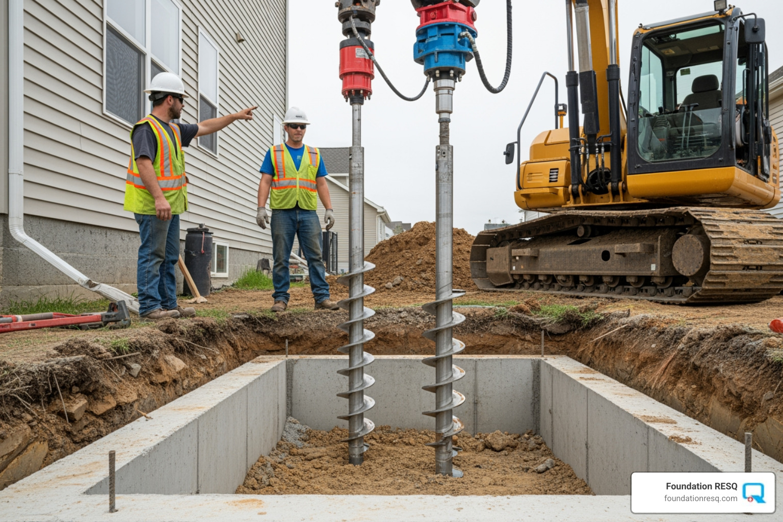 installation of helical piers next to a foundation footing - underpinning construction