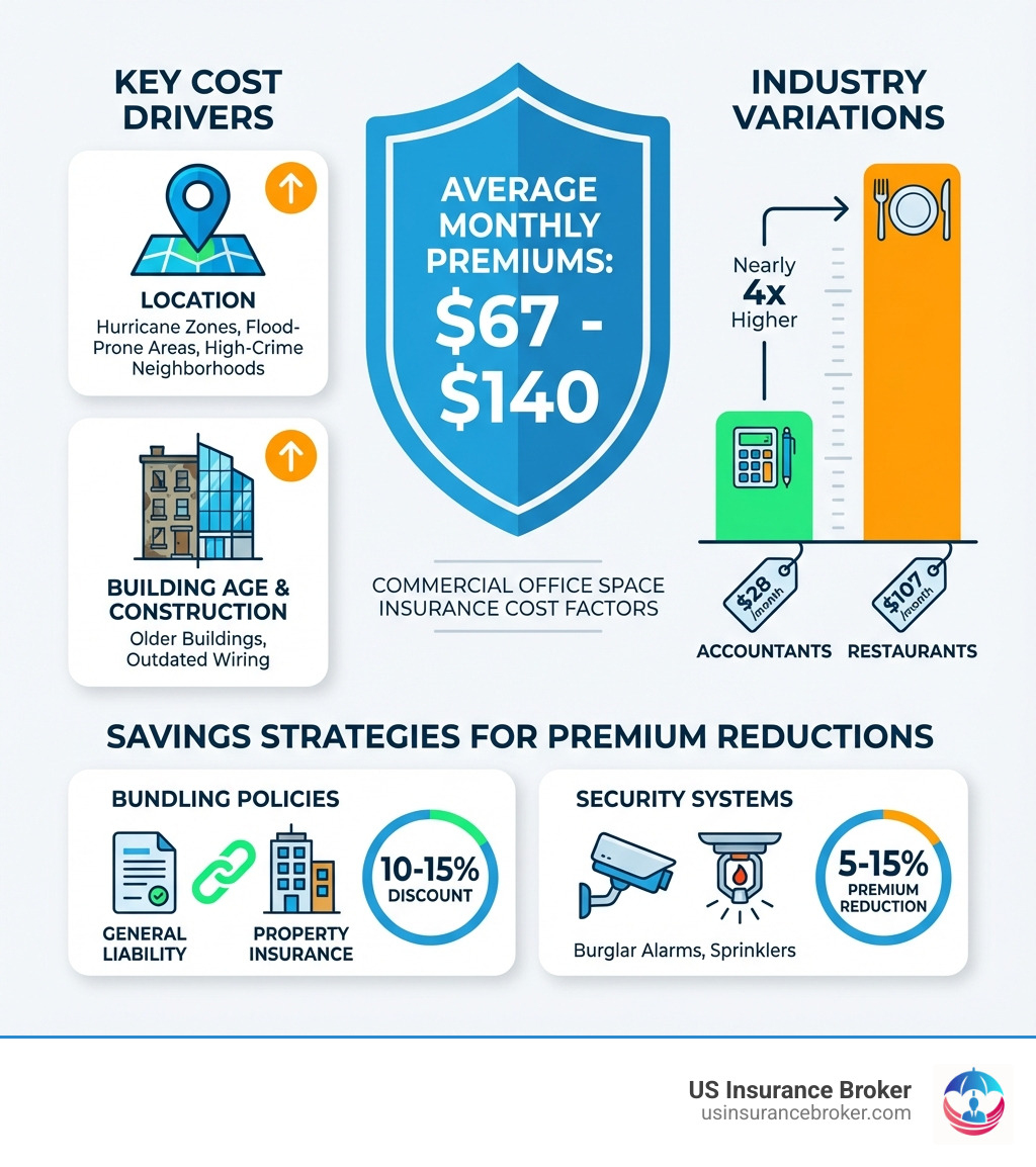 infographic showing the breakdown of commercial office space insurance cost factors including average monthly premiums of $67-$140, key cost drivers like location and building age, industry variations with accountants at $28/month versus restaurants at $107/month, and savings strategies like bundling policies for 10-15% discounts and installing security systems for 2-15% premium reductions - commercial office space insurance cost infographic 