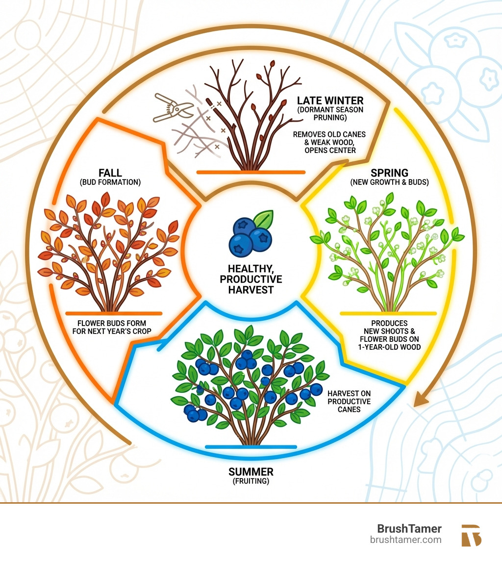 Infographic showing the annual cycle of blueberry pruning: dormant season pruning in late winter removes old canes and opens the center, spring growth produces new shoots and flower buds on one-year-old wood, summer fruiting on productive canes, and fall when flower buds form for next year's crop - pruning blueberry bushes infographic 