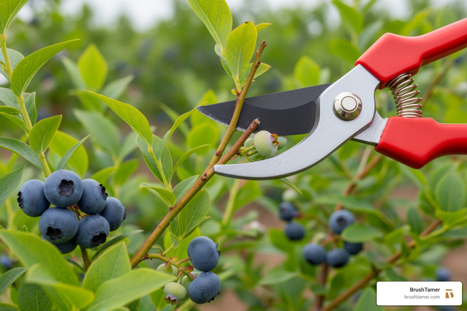 Professional-grade loppers, hand pruners, and a pruning saw laid out - pruning blueberry bushes