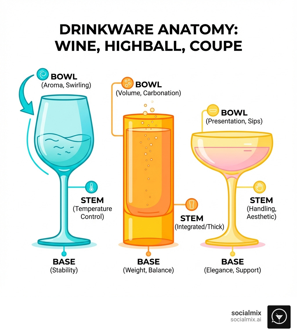 Infographic explaining the anatomy of different glass types like wine, highball, and coupe glasses, showing features like bowl, stem, and base for each - drinkware sets infographic Infographic explaining the anatomy of different glass types like wine, highball, and coupe glasses, showing features like bowl, stem, and base for each - drinkware sets infographic