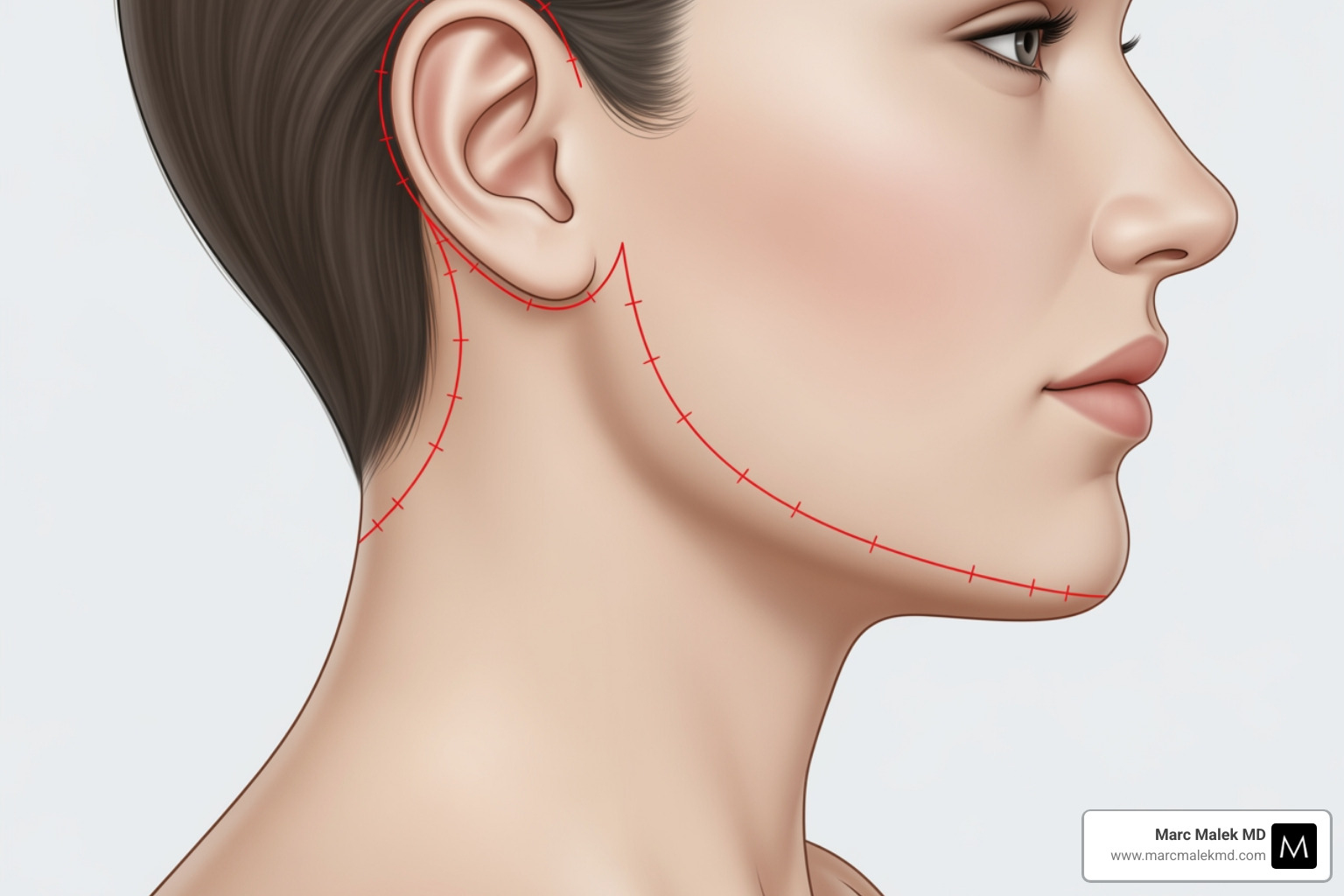 Illustrating incision placements for a neck lift - neck lift Illustrating incision placements for a neck lift - neck lift