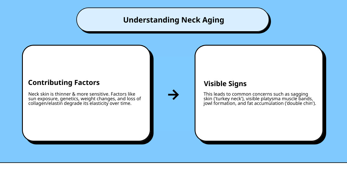 Infographic showing the anatomy of an aging neck, including the platysma muscle extending from collarbones to lower face, areas of fat accumulation under the chin, loss of collagen and elastin in the skin, visible muscle banding (turkey neck), and jowl formation along the jawline - neck lift infographic cause_effect_text Infographic showing the anatomy of an aging neck, including the platysma muscle extending from collarbones to lower face, areas of fat accumulation under the chin, loss of collagen and elastin in the skin, visible muscle banding (turkey neck), and jowl formation along the jawline - neck lift infographic cause_effect_text