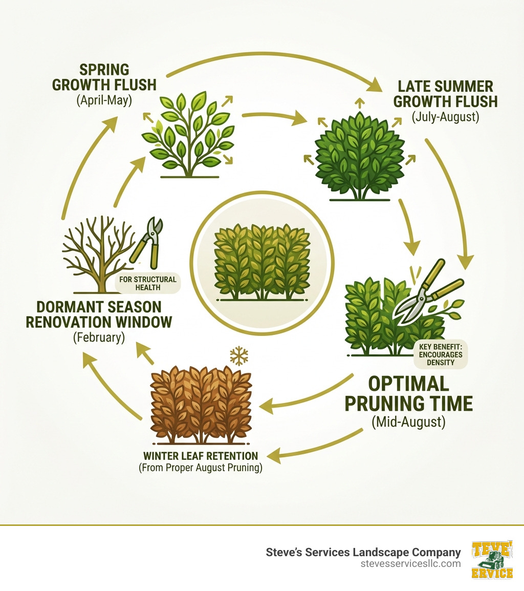 Infographic showing the beech hedge annual cycle: spring growth flush (April-May), late summer growth flush (July-August), optimal pruning time in mid-August, winter leaf retention from proper August pruning, and dormant season renovation window in February - beech hedge pruning infographic Infographic showing the beech hedge annual cycle: spring growth flush (April-May), late summer growth flush (July-August), optimal pruning time in mid-August, winter leaf retention from proper August pruning, and dormant season renovation window in February - beech hedge pruning infographic