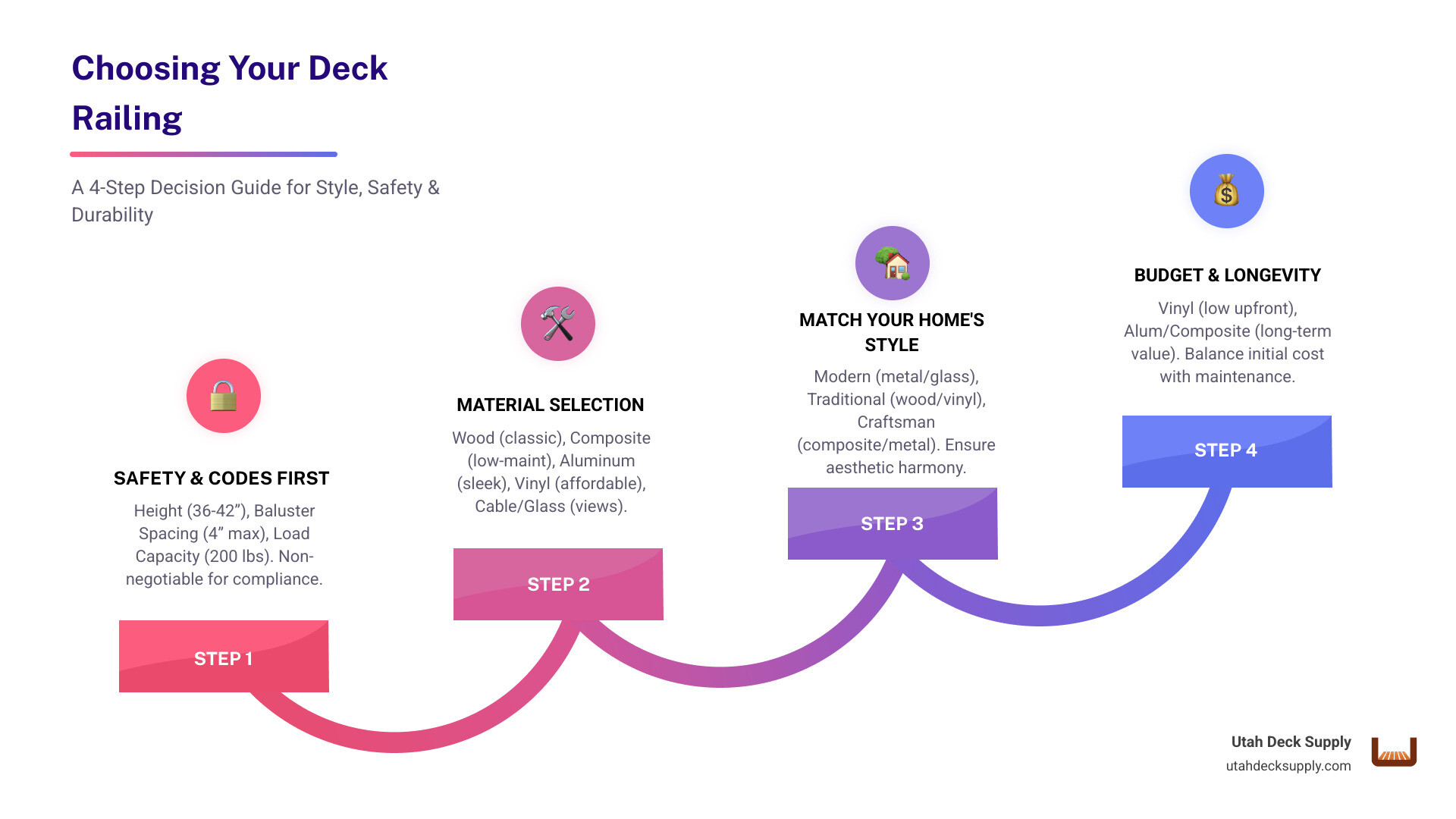 Infographic showing the decision tree for choosing deck railing: Start with Safety Codes (height 36-42 inches, spacing 4 inches max, load capacity 200 lbs), then Material Selection (Wood for traditional/budget, Composite for low-maintenance durability, Aluminum for modern/coastal, Vinyl for affordability, Cable/Glass for views), then Style Matching (Modern homes pair with aluminum/cable/glass, Traditional with composite/vinyl/wood, Craftsman with composite/metal), and finally Budget Analysis (Vinyl lowest upfront cost, Aluminum/Composite best long-term value, Wood requires ongoing maintenance costs) - Choosing deck railing infographic step-infographic-4-steps