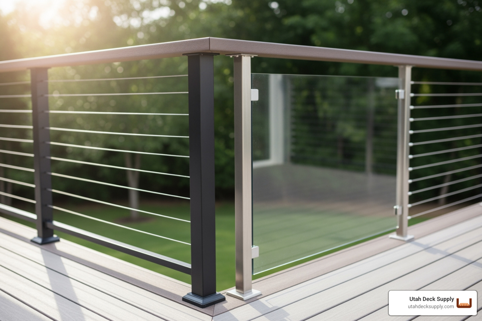 A collage featuring a modern home with sleek cable railing, a Craftsman home with robust composite railing, and a Colonial-style home adorned with classic white vinyl railing - Choosing deck railing