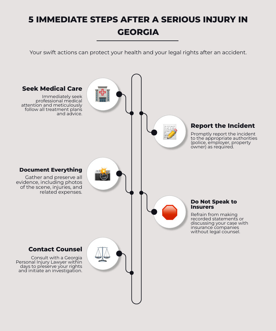 Infographic explaining the 5 immediate steps after a serious injury in Georgia: 1. Seek Medical Care immediately and follow all treatment plans. 2. Report the Incident to police, employer, or property owner as required. 3. Document Everything including photos of the scene, injuries, and all related expenses. 4. Do Not Speak to Insurers without legal counsel present. 5. Contact Counsel within days to preserve your rights and begin investigation. - Georgia Personal Injury Lawyer infographic infographic-line-5-steps-elegant_beige Infographic explaining the 5 immediate steps after a serious injury in Georgia: 1. Seek Medical Care immediately and follow all treatment plans. 2. Report the Incident to police, employer, or property owner as required. 3. Document Everything including photos of the scene, injuries, and all related expenses. 4. Do Not Speak to Insurers without legal counsel present. 5. Contact Counsel within days to preserve your rights and begin investigation. - Georgia Personal Injury Lawyer infographic infographic-line-5-steps-elegant_beige