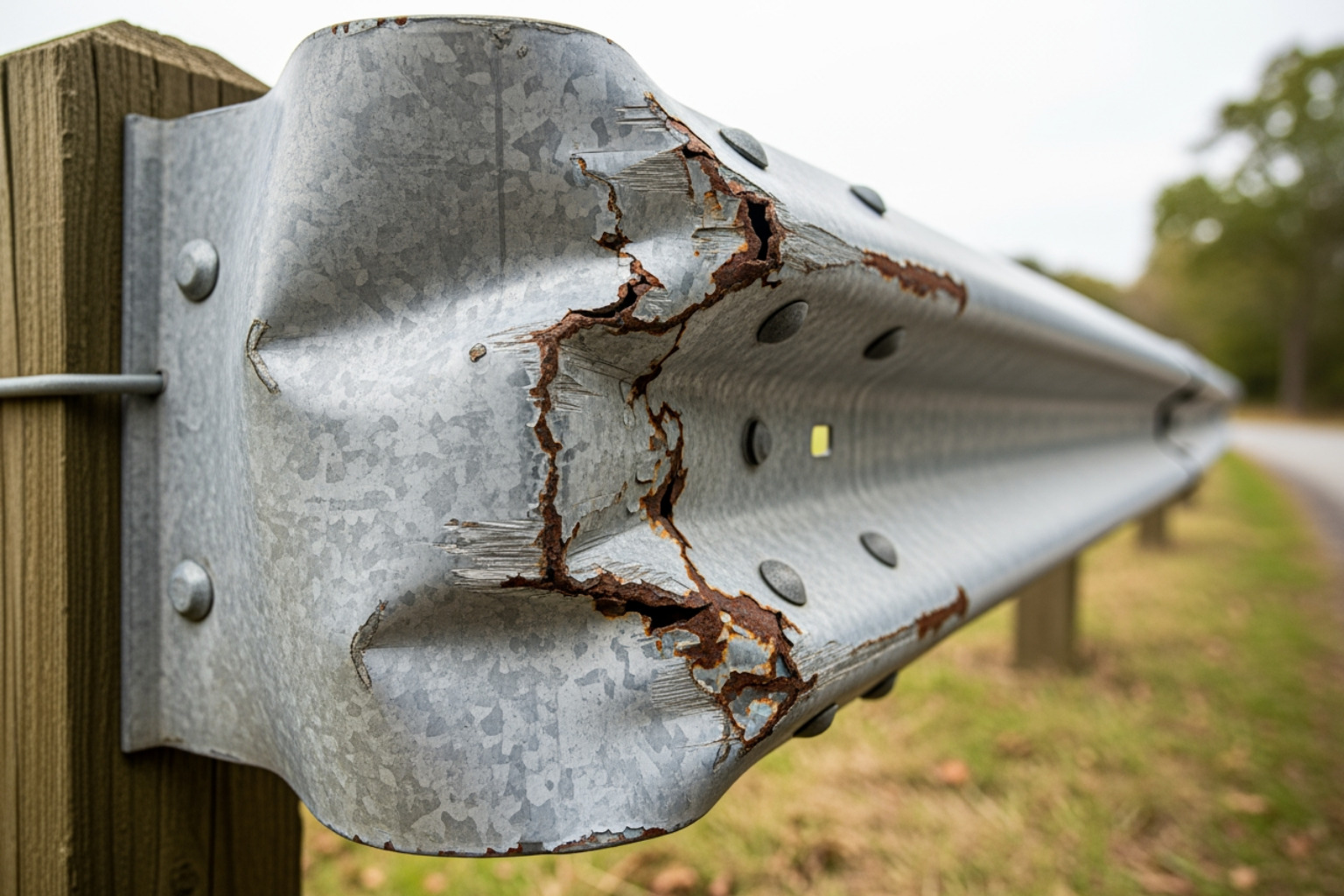 close-up on a damaged guardrail on a rural road - Georgia Personal Injury Lawyer close-up on a damaged guardrail on a rural road - Georgia Personal Injury Lawyer