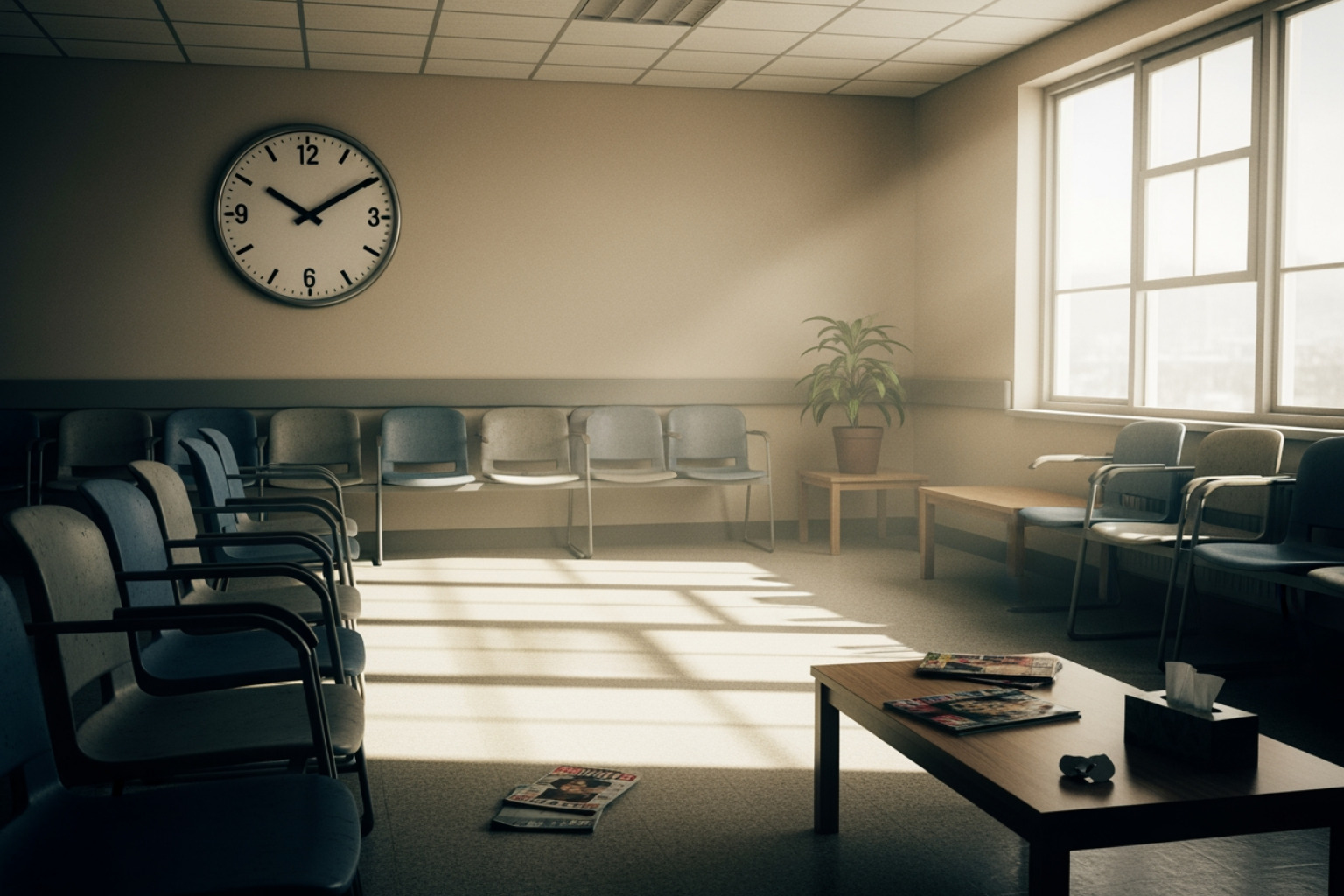 empty hospital waiting room, conveying a sense of time and waiting - How much injury claim?