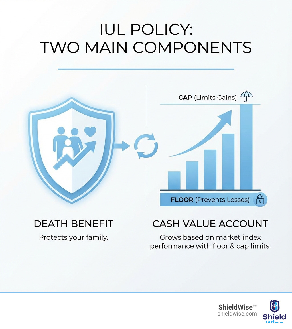 Infographic showing the two main components of an IUL policy: on the left, a shield icon representing the death benefit that protects your family, and on the right, a growing bar chart representing the cash value account that can grow based on market index performance with a floor to prevent losses and a cap that limits gains - iul - basics and education infographic 