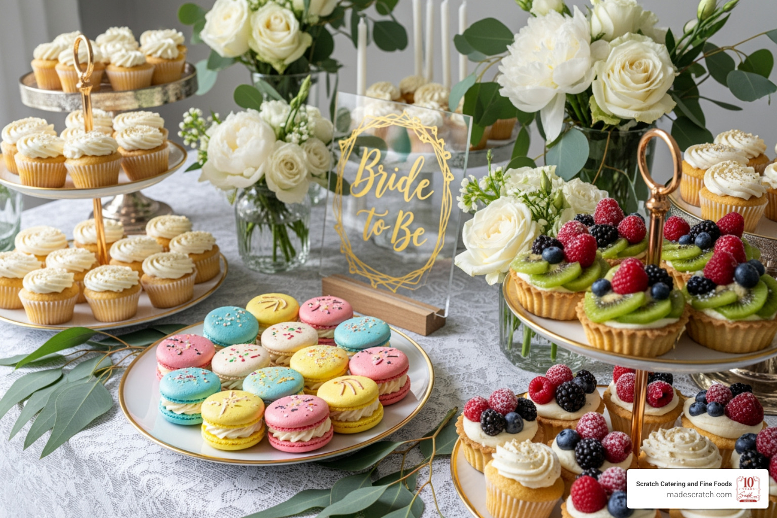Beautiful dessert table with mini cupcakes, macarons, and fruit tarts - Bridal shower food