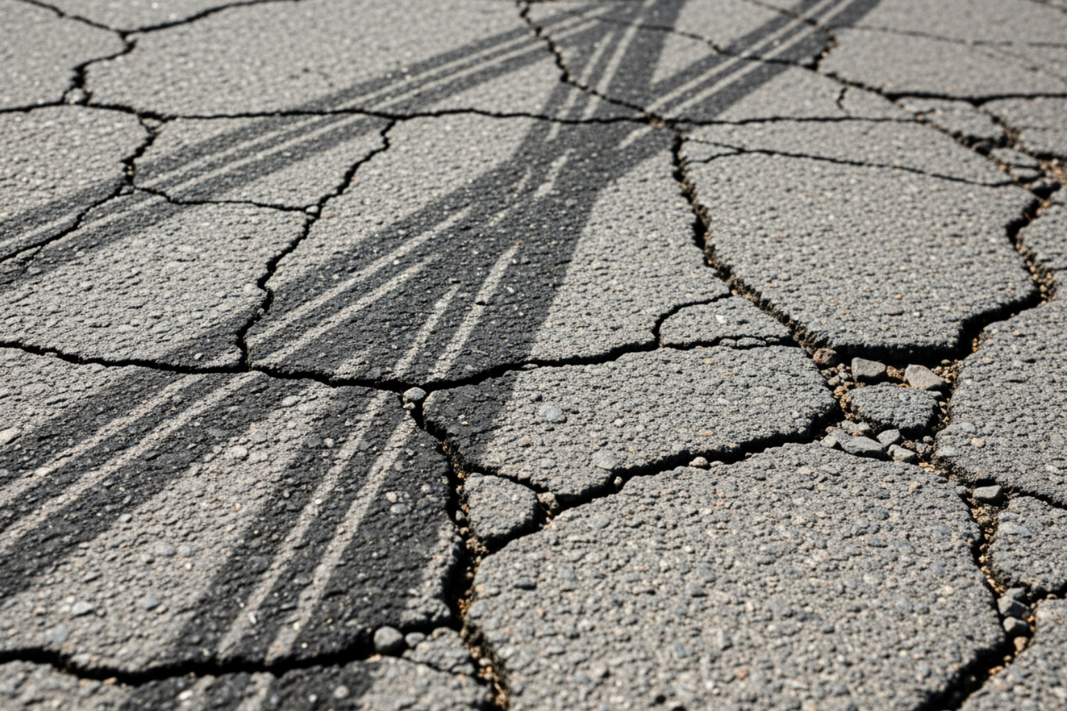 close-up on cracked asphalt with long, dark skid marks - trucking accident lawyer close-up on cracked asphalt with long, dark skid marks - trucking accident lawyer
