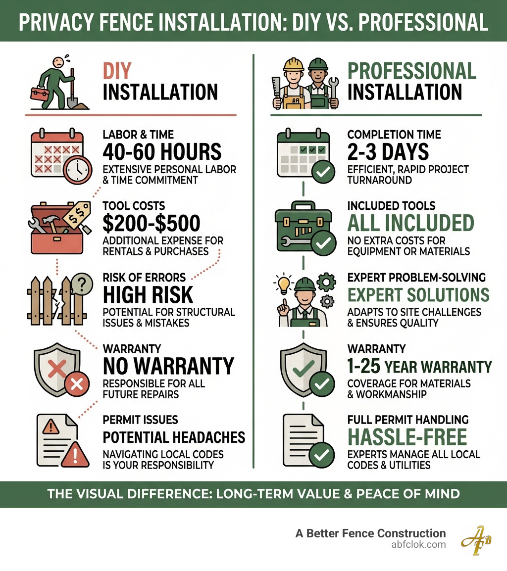 Infographic showing side-by-side comparison of DIY vs Professional Privacy Fence Installation: DIY shows 40-60 hours labor, $200-500 tool costs, risk of errors, no warranty, and potential permit issues; Professional shows 2-3 day completion, included tools and equipment, expert problem-solving, 1-25 year warranty, and full permit handling - privacy fence installation infographic Infographic showing side-by-side comparison of DIY vs Professional Privacy Fence Installation: DIY shows 40-60 hours labor, $200-500 tool costs, risk of errors, no warranty, and potential permit issues; Professional shows 2-3 day completion, included tools and equipment, expert problem-solving, 1-25 year warranty, and full permit handling - privacy fence installation infographic