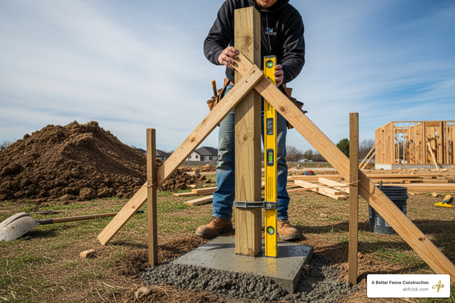fence posts being set in concrete with level and bracing - privacy fence installation fence posts being set in concrete with level and bracing - privacy fence installation