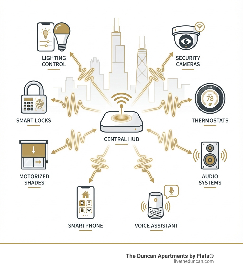 infographic showing smart home system components including central hub connecting to lighting control, security cameras, smart locks, thermostats, motorized shades, audio systems, and user interfaces like smartphones and voice assistants with wireless signals illustrated between devices - smart home automation chicago infographic infographic showing smart home system components including central hub connecting to lighting control, security cameras, smart locks, thermostats, motorized shades, audio systems, and user interfaces like smartphones and voice assistants with wireless signals illustrated between devices - smart home automation chicago infographic