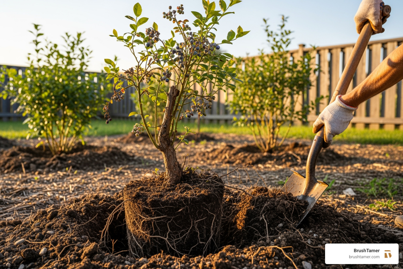 a mature, large blueberry bush with a thick, woody base, showcasing its dense structure and extensive root system - blueberry bush removal