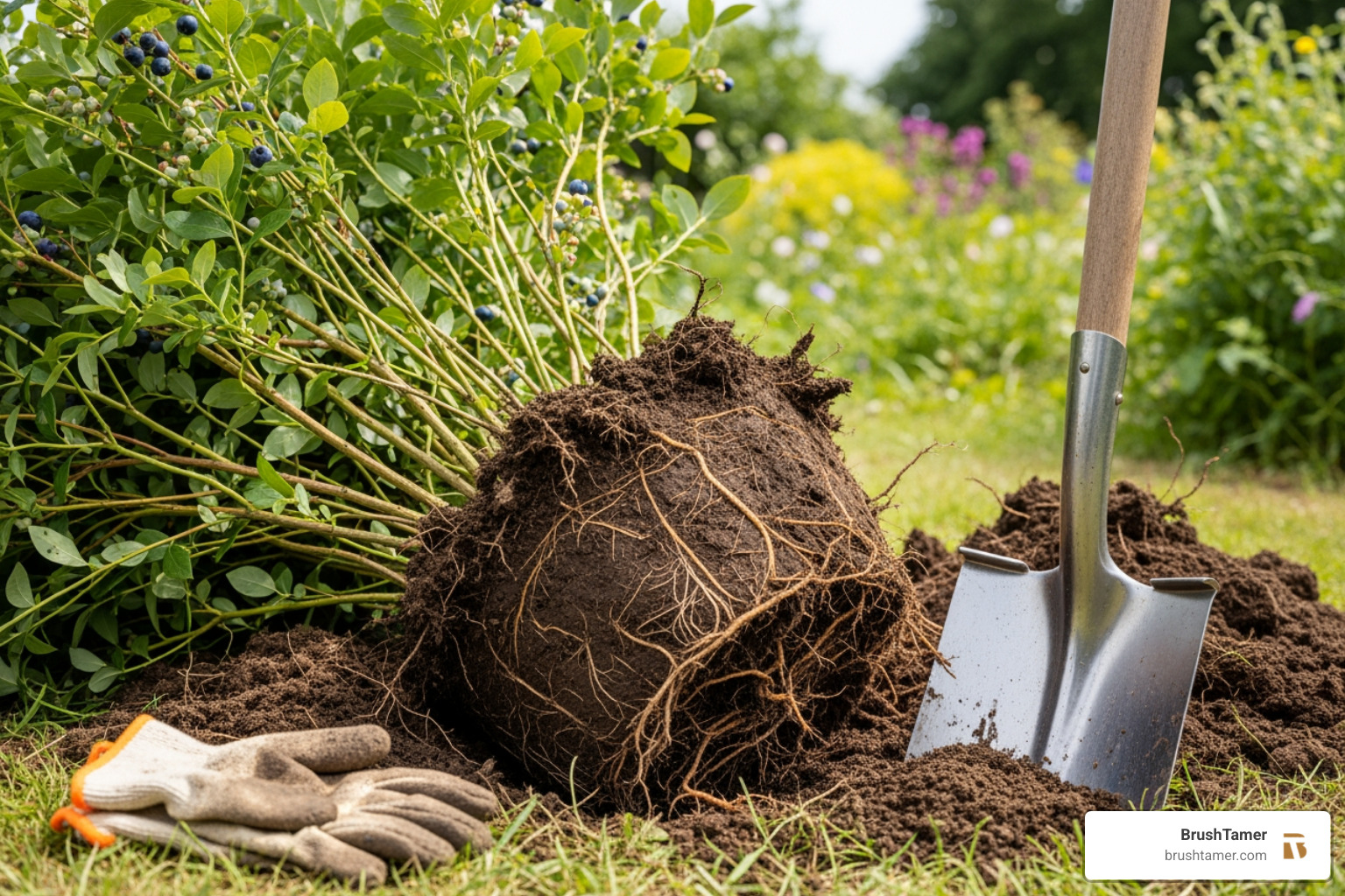 heavy equipment causing significant soil disturbance in a blueberry field, with large ruts and displaced soil - blueberry bush removal