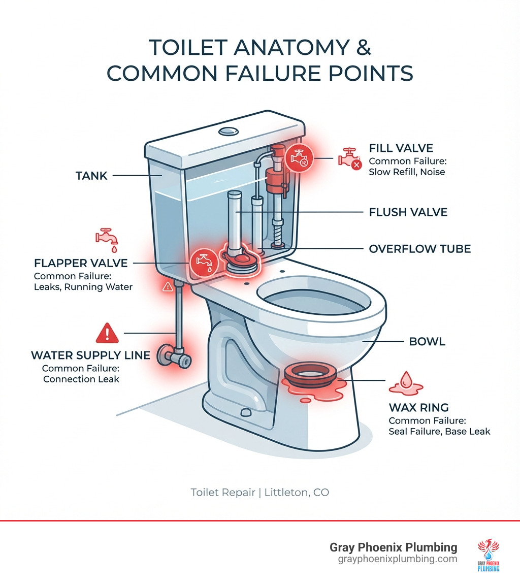 infographic showing toilet anatomy with labeled parts including tank, bowl, flapper valve, fill valve, flush valve, overflow tube, wax ring, and water supply line, with common failure points highlighted - Toilet repair Littleton infographic 