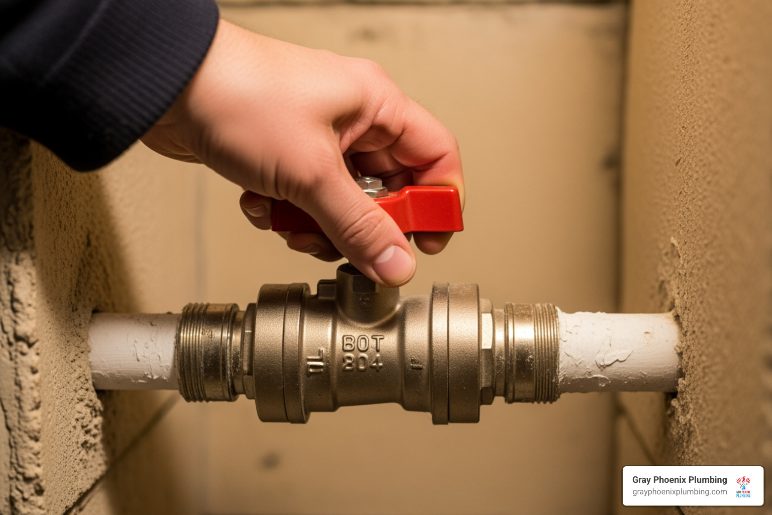 a hand shutting off a main water valve - Burst pipe repair Littleton