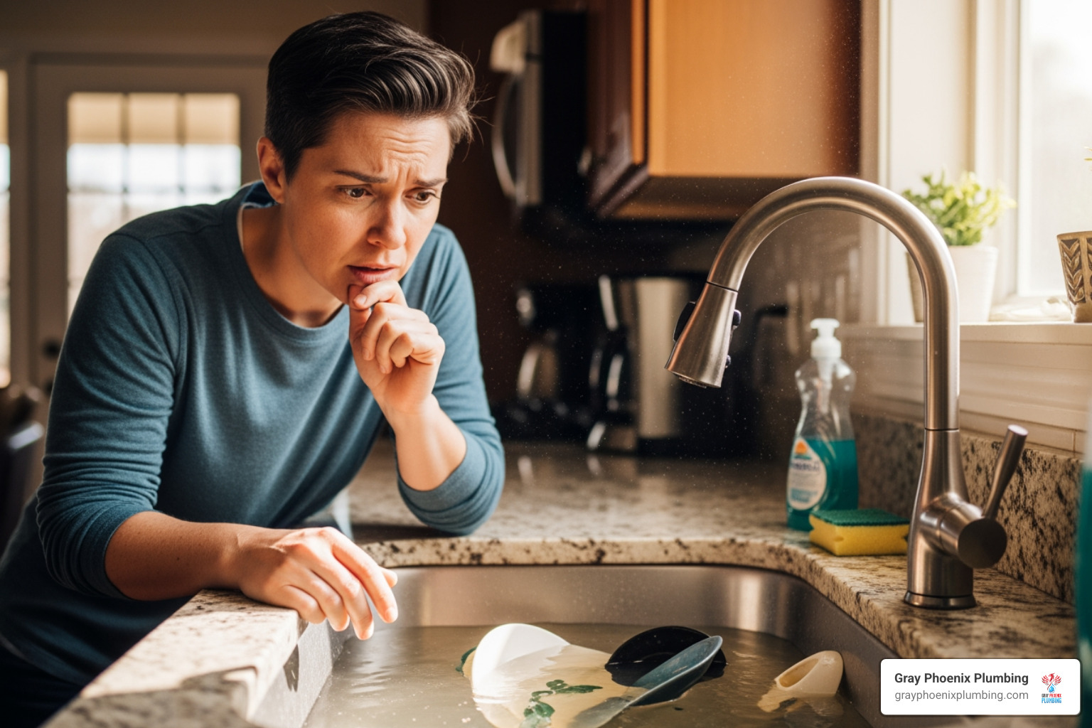 A person looking concerned at their kitchen sink. - garbage disposal repair denver