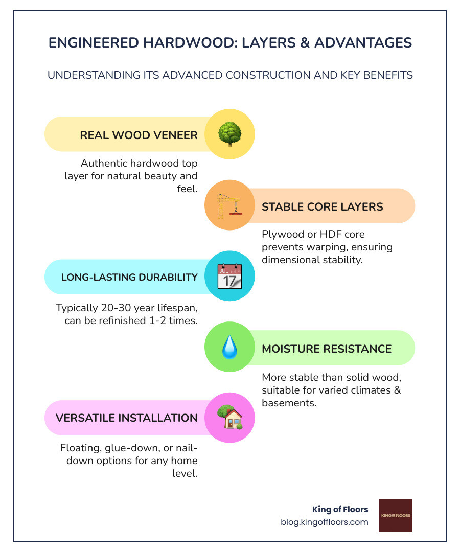 Infographic showing engineered hardwood construction with real wood veneer top layer, stable plywood core, and key benefits including 20-30 year lifespan, multiple installation options, and suitability for all home levels including basements - engineered hardwood infographic infographic-line-5-steps-colors
