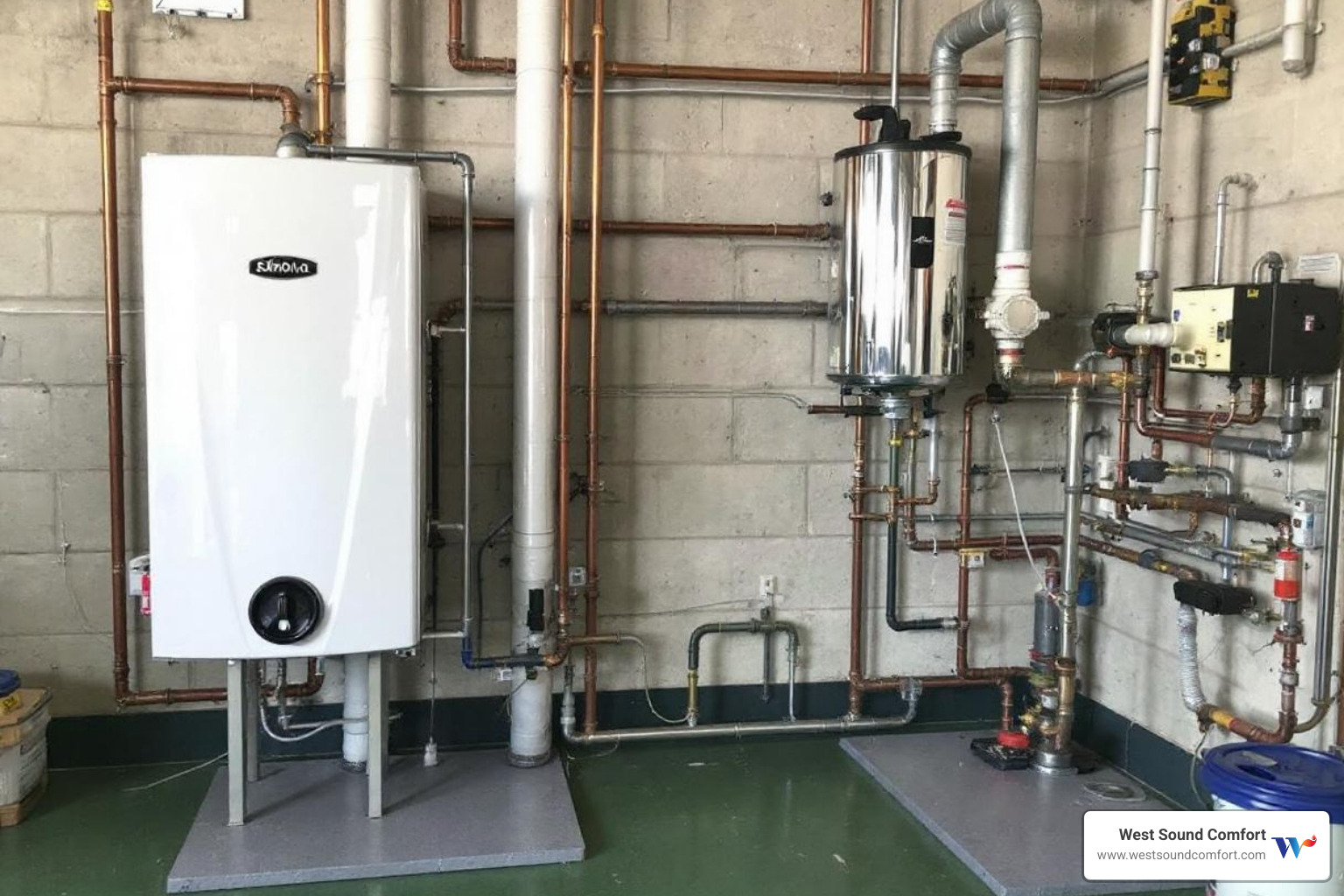 Infographic showing the closed-loop cycle of a hot water boiler heating system: cold water enters the boiler, gets heated by the burner and heat exchanger, circulates through pipes via a pump to radiators or baseboard heaters where it releases warmth, then returns cooled to the boiler to repeat the cycle, with labels for key components including expansion tank, circulator pump, heat emitters, and return lines - hot water boiler heating system