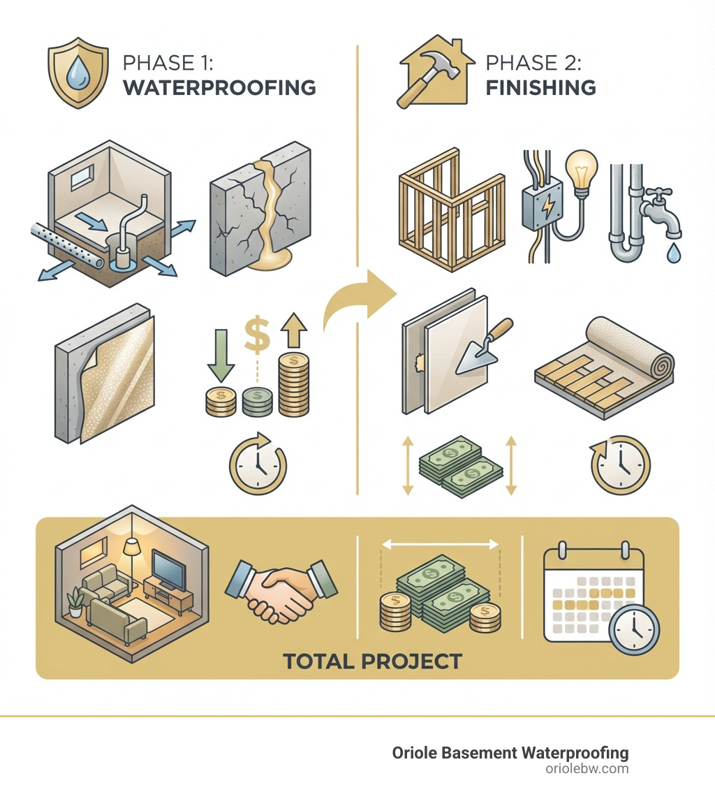 Infographic showing two-phase basement project: Phase 1 Waterproofing includes interior drainage systems, sump pump installation, crack repair, and vapor barriers with costs of $2,459-$8,186. Phase 2 Finishing includes framing, electrical, plumbing, drywall, and flooring with costs of $18,395-$33,985. Total project cost ranges from $20,000-$50,000 with timeline of 4-8 weeks. - cost to waterproof and finish basement infographic Infographic showing two-phase basement project: Phase 1 Waterproofing includes interior drainage systems, sump pump installation, crack repair, and vapor barriers with costs of $2,459-$8,186. Phase 2 Finishing includes framing, electrical, plumbing, drywall, and flooring with costs of $18,395-$33,985. Total project cost ranges from $20,000-$50,000 with timeline of 4-8 weeks. - cost to waterproof and finish basement infographic