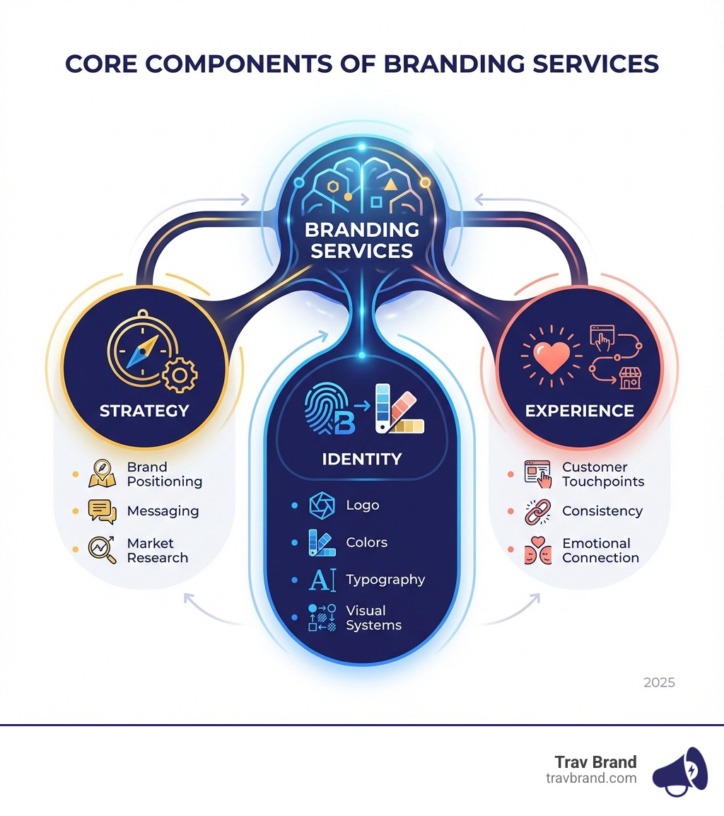Infographic showing the three core components of branding services: Strategy (brand positioning, messaging, market research), Identity (logo, colors, typography, visual systems), and Experience (customer touchpoints, consistency, emotional connection) - branding services infographic Infographic showing the three core components of branding services: Strategy (brand positioning, messaging, market research), Identity (logo, colors, typography, visual systems), and Experience (customer touchpoints, consistency, emotional connection) - branding services infographic
