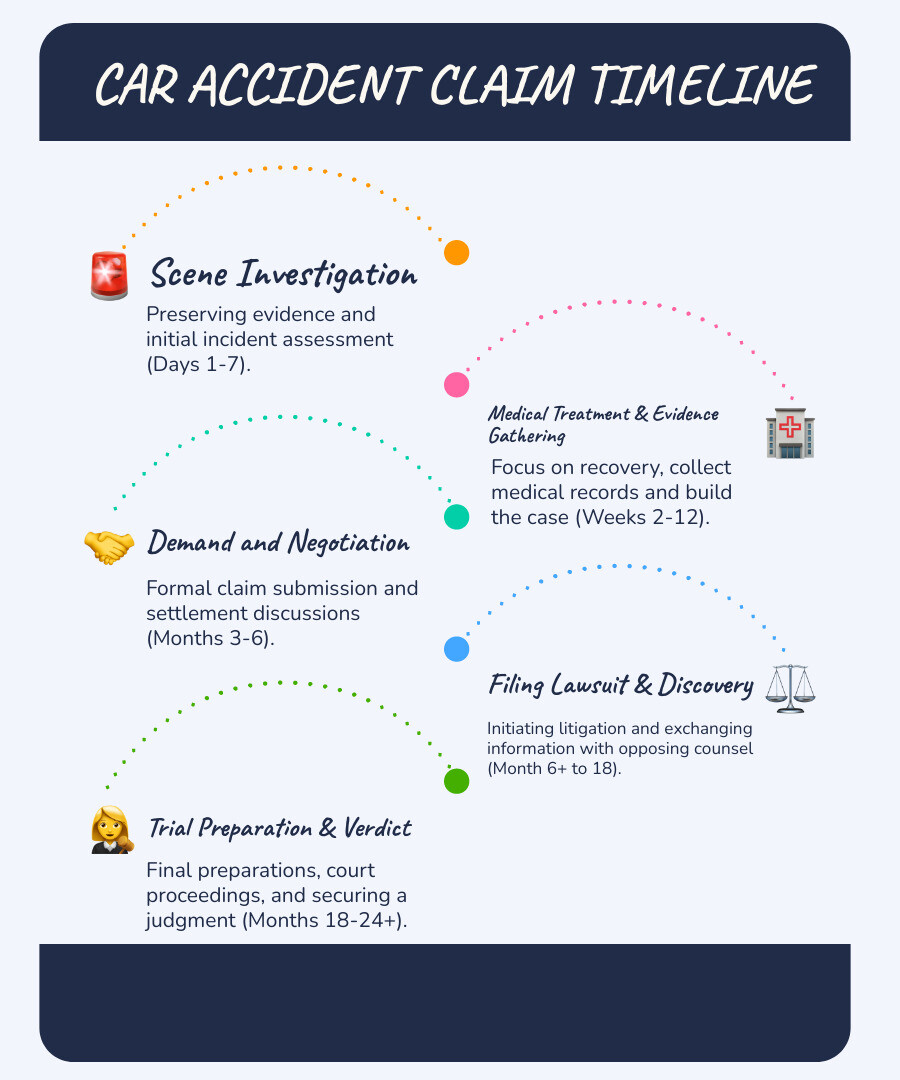 Infographic showing the car accident claim timeline: Scene Investigation (Days 1-7), Medical Treatment & Evidence Gathering (Weeks 2-12), Demand and Negotiation (Months 3-6), Filing Lawsuit if Necessary (Month 6+), Discovery and Depositions (Months 6-18), Trial Preparation and Verdict (Months 18-24+). Each phase includes key actions like preserving evidence, quantifying damages, identifying liable parties, and preparing for trial. - Car accident lawyer infographic infographic-line-5-steps-blues-accent_colors Infographic showing the car accident claim timeline: Scene Investigation (Days 1-7), Medical Treatment & Evidence Gathering (Weeks 2-12), Demand and Negotiation (Months 3-6), Filing Lawsuit if Necessary (Month 6+), Discovery and Depositions (Months 6-18), Trial Preparation and Verdict (Months 18-24+). Each phase includes key actions like preserving evidence, quantifying damages, identifying liable parties, and preparing for trial. - Car accident lawyer infographic infographic-line-5-steps-blues-accent_colors