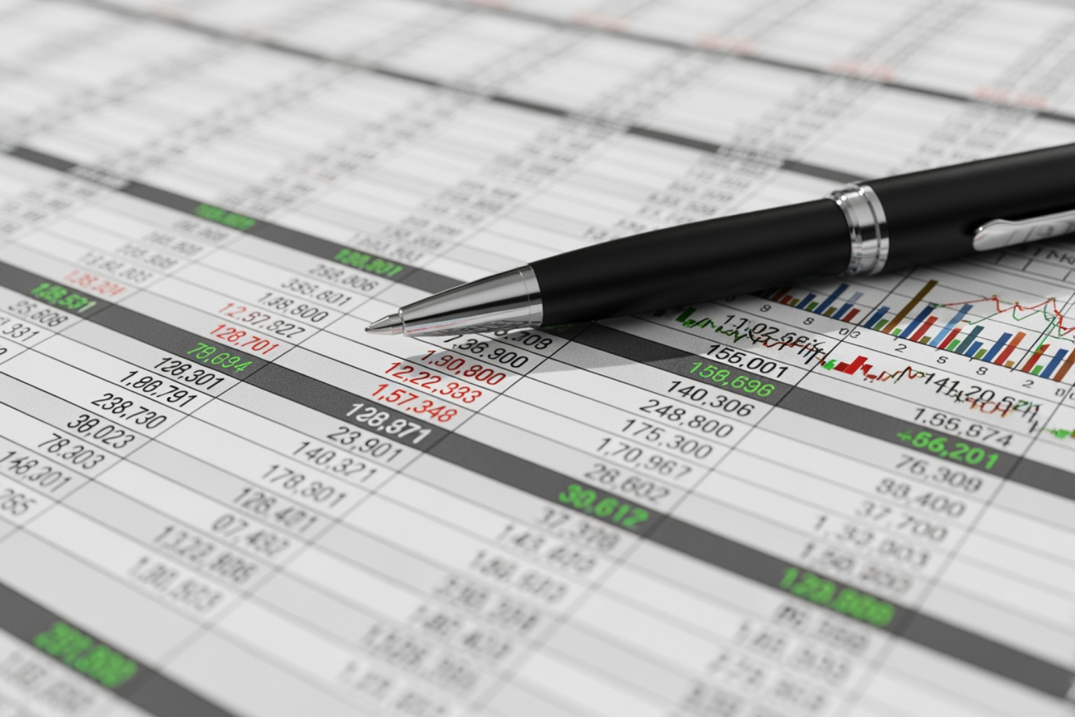 Close-up of a detailed financial spreadsheet with a pen resting on it, illustrating complex calculations - Car accident lawyer Close-up of a detailed financial spreadsheet with a pen resting on it, illustrating complex calculations - Car accident lawyer
