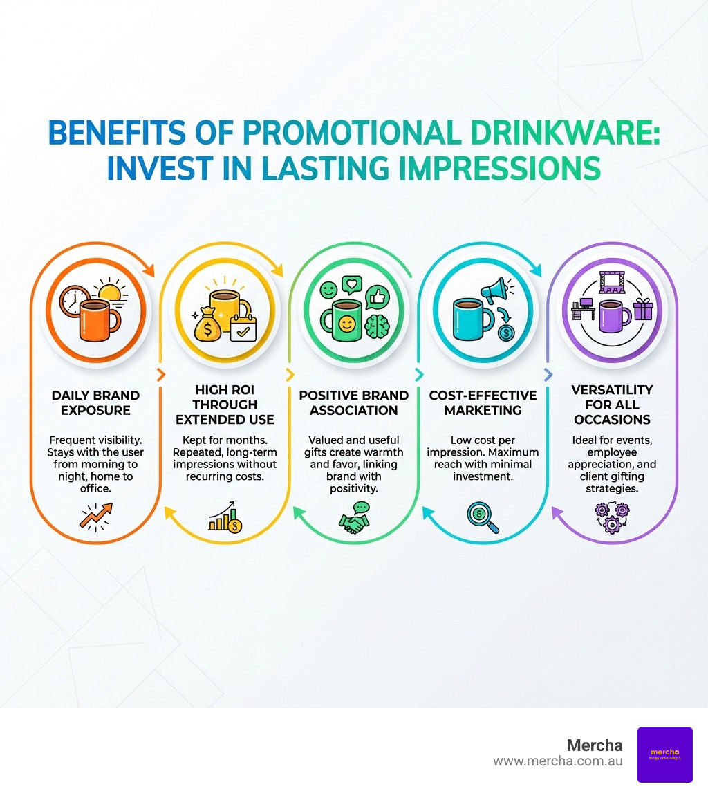 Benefits of promotional drinkware including daily brand exposure, high ROI through extended use, positive brand association with useful gifts, cost-effective marketing per impression, and versatility for events, offices, and client gifting - custom coffee mug infographic Benefits of promotional drinkware including daily brand exposure, high ROI through extended use, positive brand association with useful gifts, cost-effective marketing per impression, and versatility for events, offices, and client gifting - custom coffee mug infographic