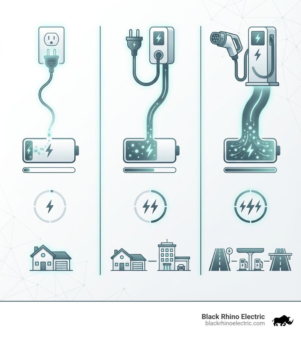 Infographic explaining the differences between Level 1, Level 2, and DC Fast Charging, including charging speed, voltage, and typical locations. - charging station cost for electric cars infographic 