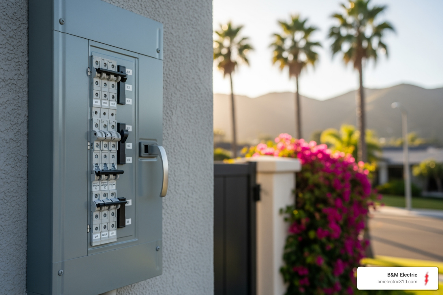 Infographic showing the key components of a modern circuit breaker panel including the main breaker, individual circuit breakers sized 15-200 amps, grounding system, and labeled circuits for different areas of the home, with callouts explaining how each part protects your electrical system - home electrical panels in Palos Verdes, CA