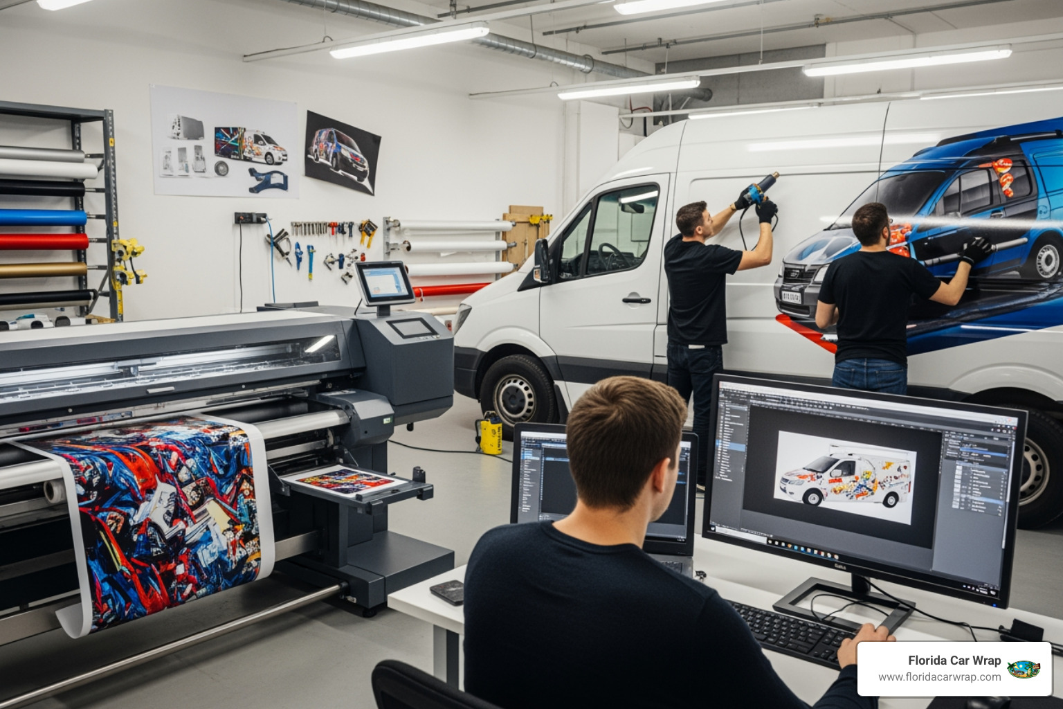 The design-to-print-to-install process flow for vehicle wraps, showing a designer at a computer, a large-format printer, and installers applying vinyl to a vehicle. - commercial vehicle wraps The design-to-print-to-install process flow for vehicle wraps, showing a designer at a computer, a large-format printer, and installers applying vinyl to a vehicle. - commercial vehicle wraps
