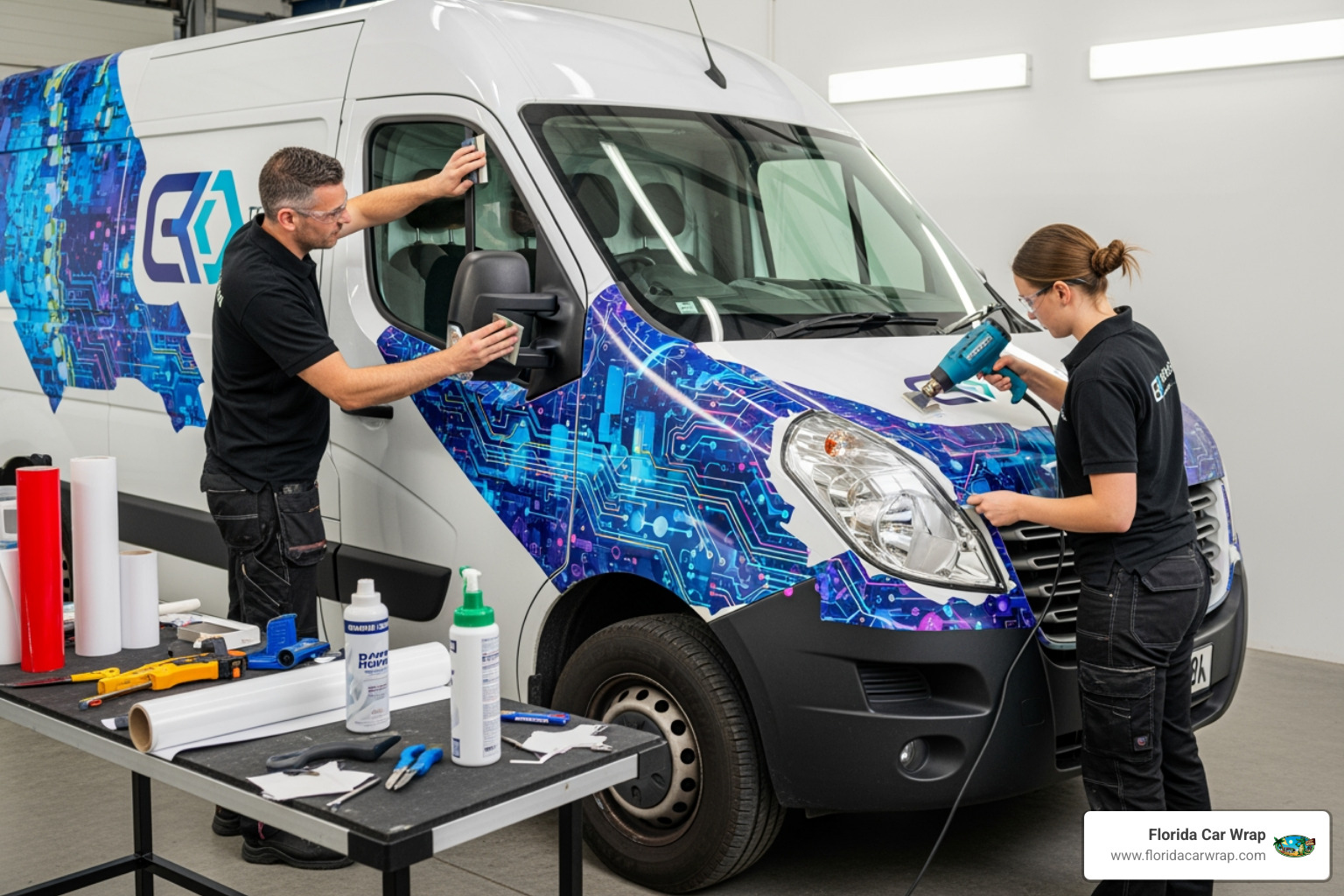 A complex vehicle wrap installation is underway on a curved white van, with skilled technicians applying vinyl graphics to the intricate contours of the vehicle's front and side, demonstrating the detailed work involved. - commercial vehicle wraps A complex vehicle wrap installation is underway on a curved white van, with skilled technicians applying vinyl graphics to the intricate contours of the vehicle's front and side, demonstrating the detailed work involved. - commercial vehicle wraps
