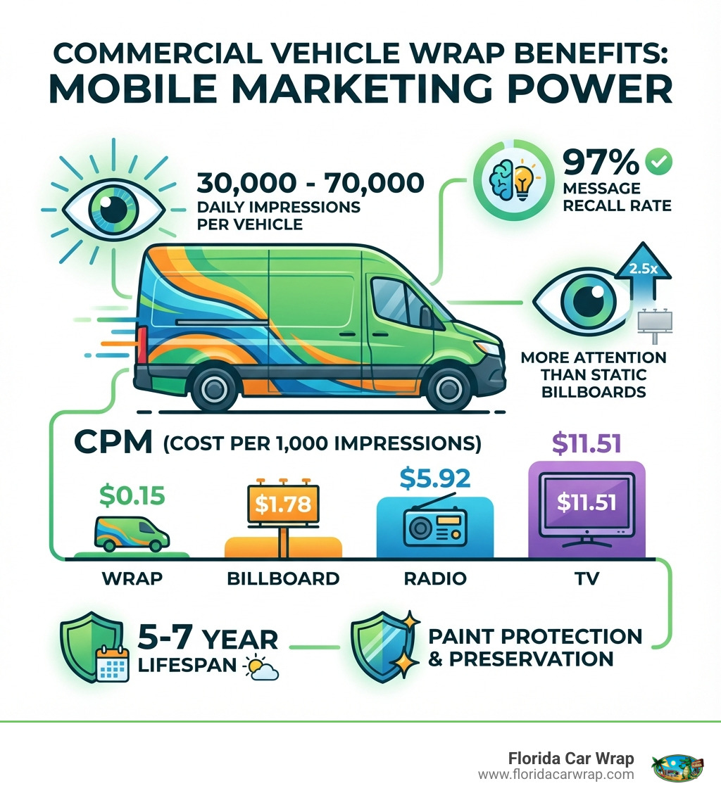 Infographic showing commercial vehicle wrap benefits: 30,000-70,000 daily impressions per vehicle, $0.15 cost per 1,000 impressions (vs $1.78 for billboards, $5.92 for radio, $11.51 for TV), 97% message recall rate, 2.5x more attention than static billboards, 5-7 year lifespan, and paint protection benefits - commercial vehicle wraps infographic Infographic showing commercial vehicle wrap benefits: 30,000-70,000 daily impressions per vehicle, $0.15 cost per 1,000 impressions (vs $1.78 for billboards, $5.92 for radio, $11.51 for TV), 97% message recall rate, 2.5x more attention than static billboards, 5-7 year lifespan, and paint protection benefits - commercial vehicle wraps infographic