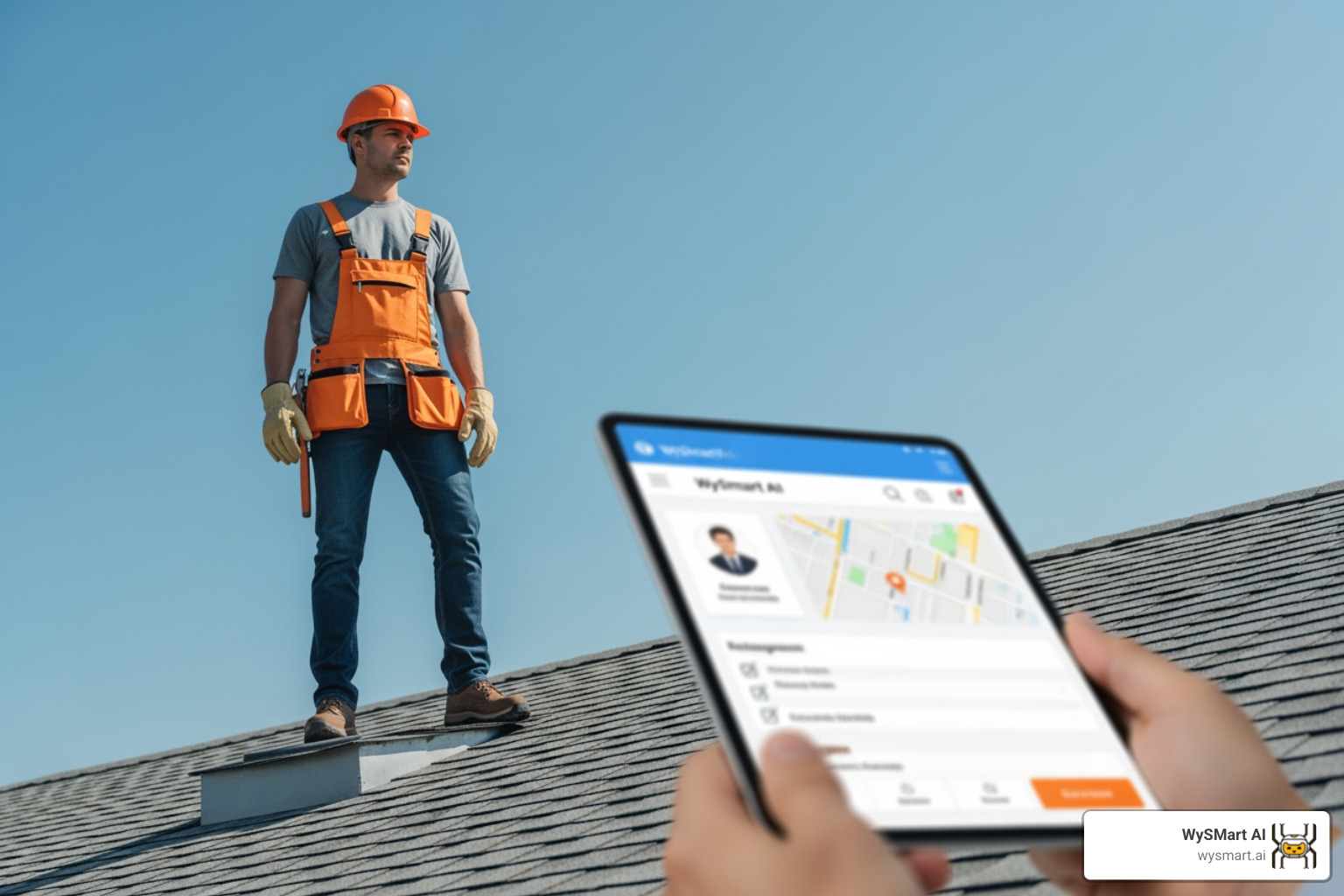 A visually appealing infographic showing a checklist for Google Business Profile optimization specifically for roofing companies. It features icons for each step like a wrench for services, a camera for photos, a star for reviews, and a map for service area, all branded with WySMart AI's colors. - Google My Business roofing