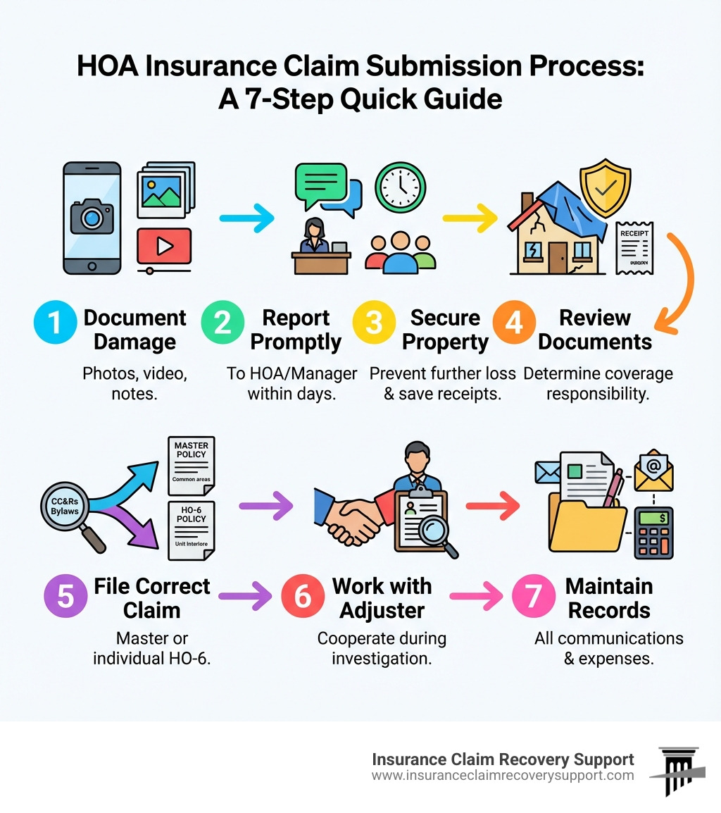 Infographic showing the HOA insurance claim submission process: 1. Document damage with photos and video, 2. Report to HOA board/property manager within days, 3. Secure property and prevent further damage, 4. Review CC&Rs to determine coverage responsibility, 5. File claim with appropriate policy (Master or HO-6), 6. Work with insurance adjuster during investigation, 7. Maintain detailed records of all communications and expenses - how to submit claim to hoa insurance infographic Infographic showing the HOA insurance claim submission process: 1. Document damage with photos and video, 2. Report to HOA board/property manager within days, 3. Secure property and prevent further damage, 4. Review CC&Rs to determine coverage responsibility, 5. File claim with appropriate policy (Master or HO-6), 6. Work with insurance adjuster during investigation, 7. Maintain detailed records of all communications and expenses - how to submit claim to hoa insurance infographic
