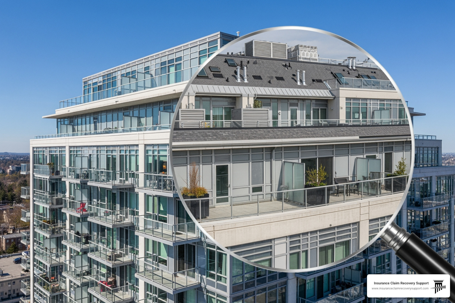 A condominium or multifamily building exterior with a magnifying glass highlighting the roof and common areas; HOA Master Policy; Individual HO-6 Policy; Common Areas; Shared Structures; Financial Protection - how to submit claim to hoa insurance A condominium or multifamily building exterior with a magnifying glass highlighting the roof and common areas; HOA Master Policy; Individual HO-6 Policy; Common Areas; Shared Structures; Financial Protection - how to submit claim to hoa insurance