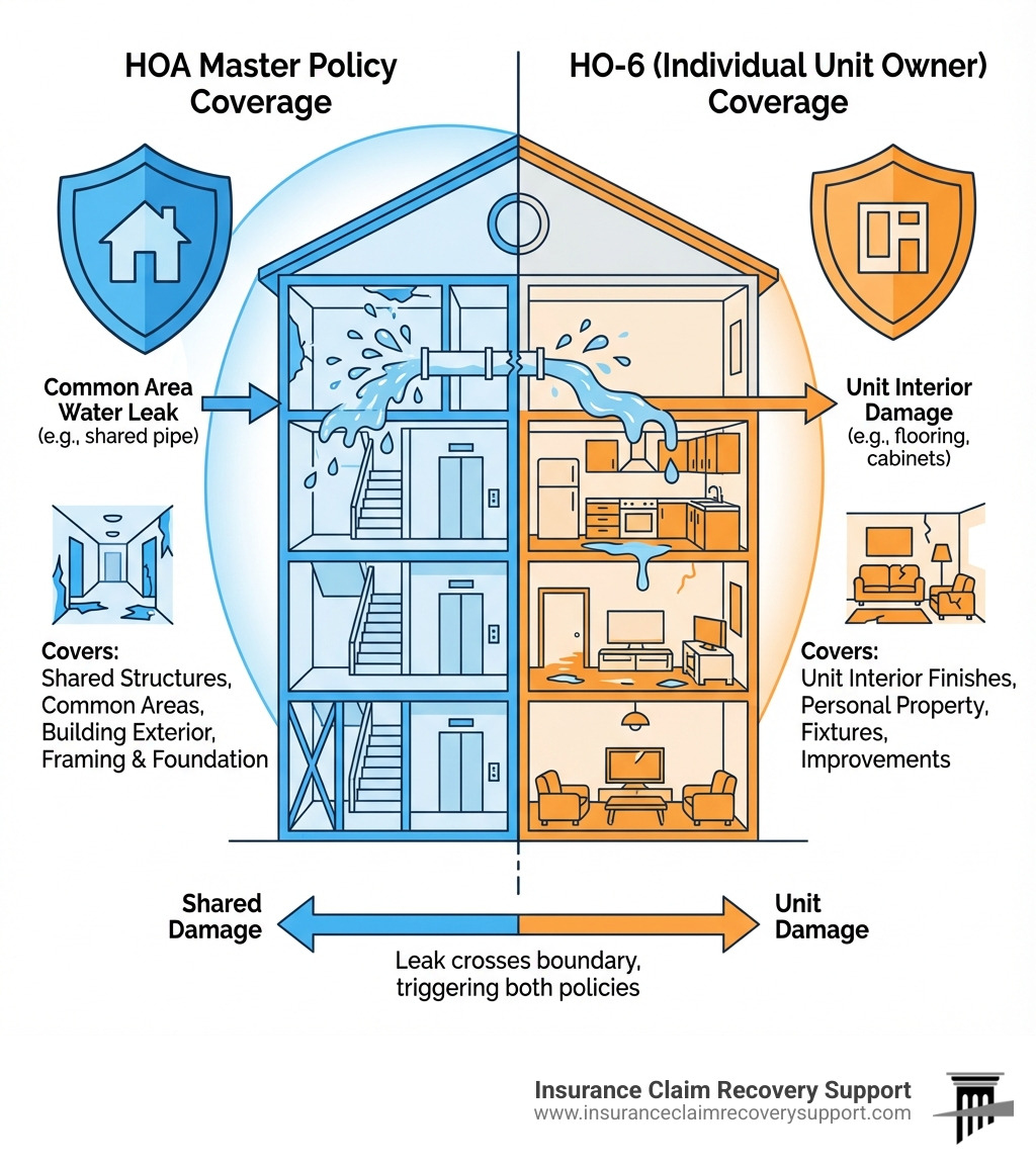 Infographic explaining the difference between HOA Master Policy and HO-6 coverage for a water leak scenario. - how to submit claim to hoa insurance infographic Infographic explaining the difference between HOA Master Policy and HO-6 coverage for a water leak scenario. - how to submit claim to hoa insurance infographic