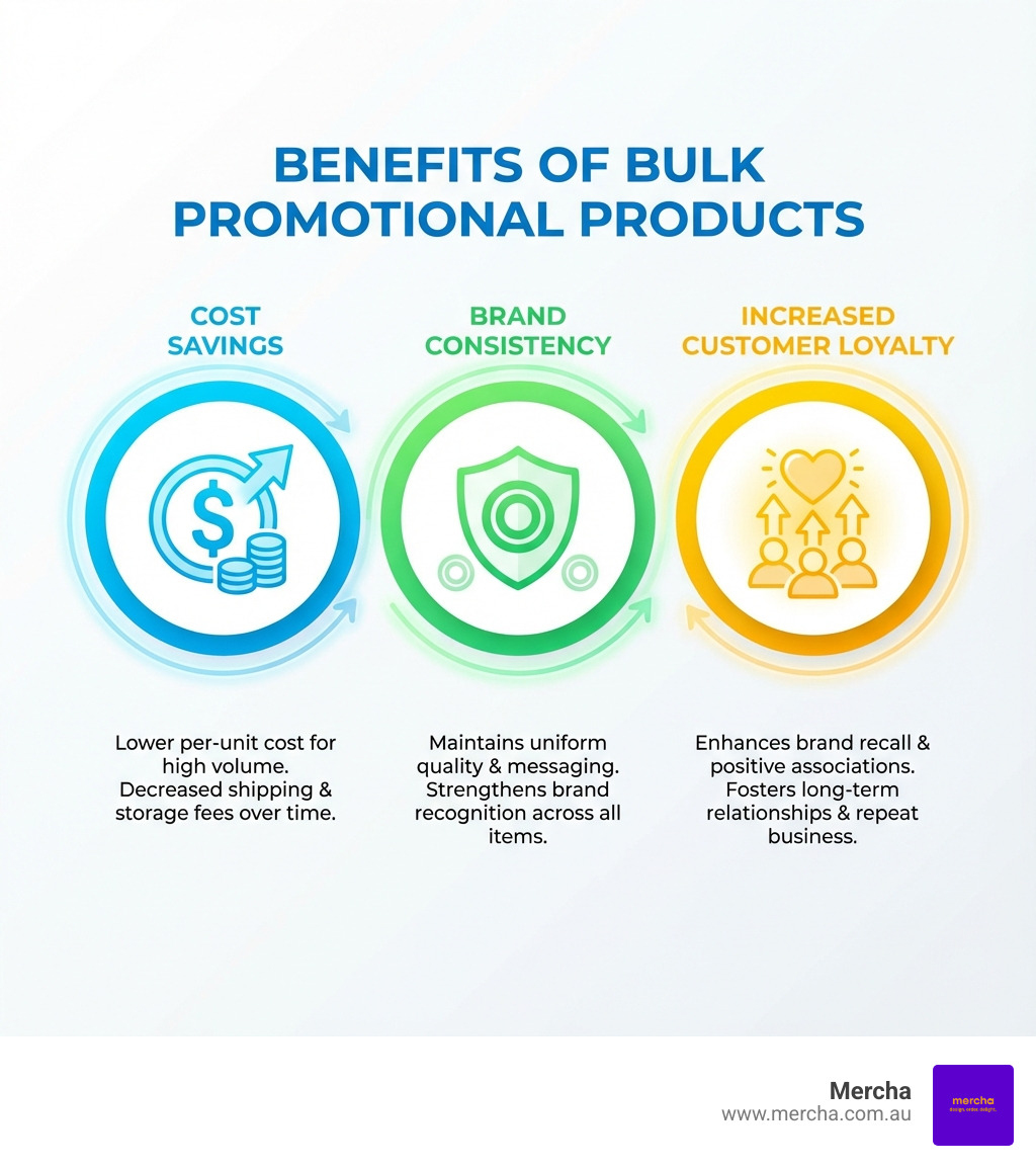 Benefits of bulk promotional products showing cost savings, brand consistency, and increased customer loyalty - promotional products bulk infographic 
