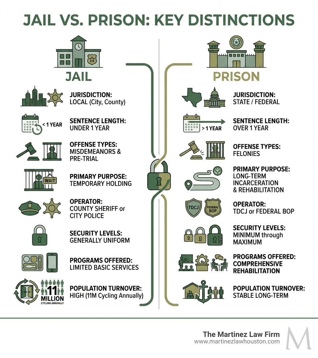 Infographic showing jail vs prison comparison including jurisdiction (local vs state/federal), sentence length (under 1 year vs over 1 year), offense types (misdemeanors and pre-trial vs felonies), primary purpose (temporary holding vs long-term incarceration), operator (county sheriff or city police vs TDCJ or Federal BOP), security levels (generally uniform vs minimum through maximum), programs offered (limited basic services vs comprehensive rehabilitation), and population turnover (high with 11 million cycling annually vs stable long-term) - jail vs prison infographic 