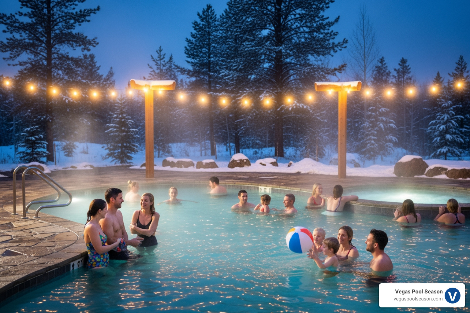 Image of guests enjoying a heated pool in cooler weather, with steam rising from the water - Vegas pool season dates