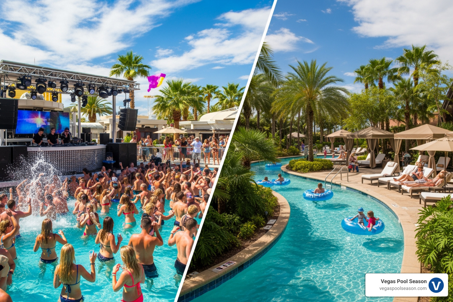 Image comparing a high-energy dayclub with a serene, family-friendly resort pool - Vegas pool season dates