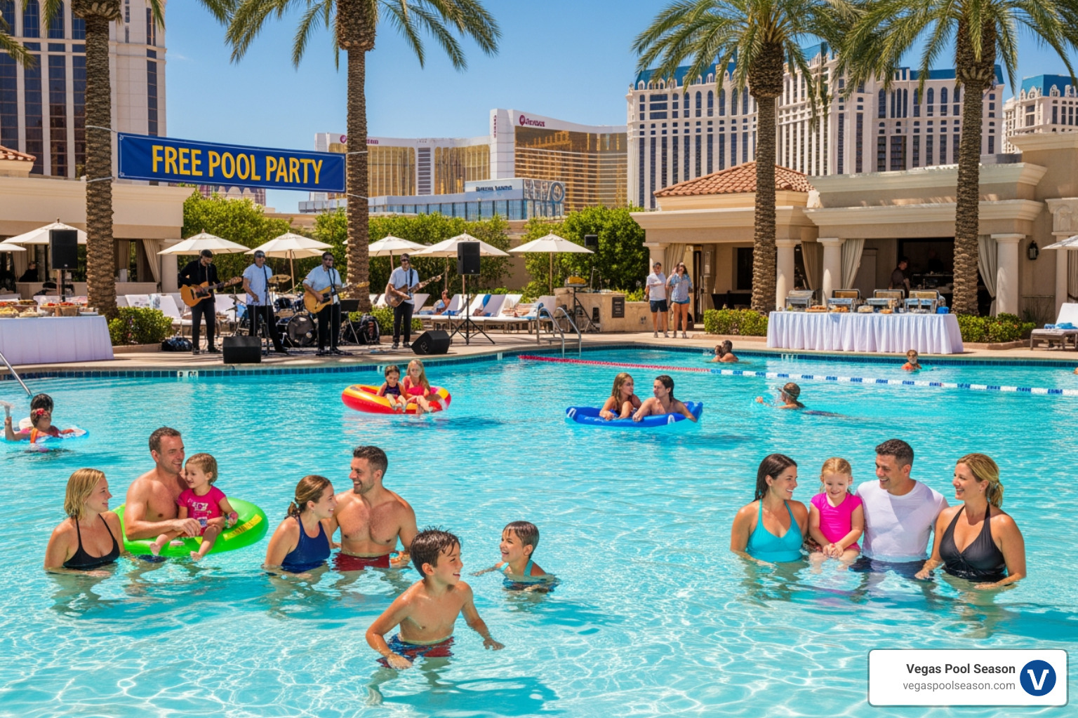 Friends enjoying a cabana at a Vegas pool party - free pool parties in vegas Friends enjoying a cabana at a Vegas pool party - free pool parties in vegas